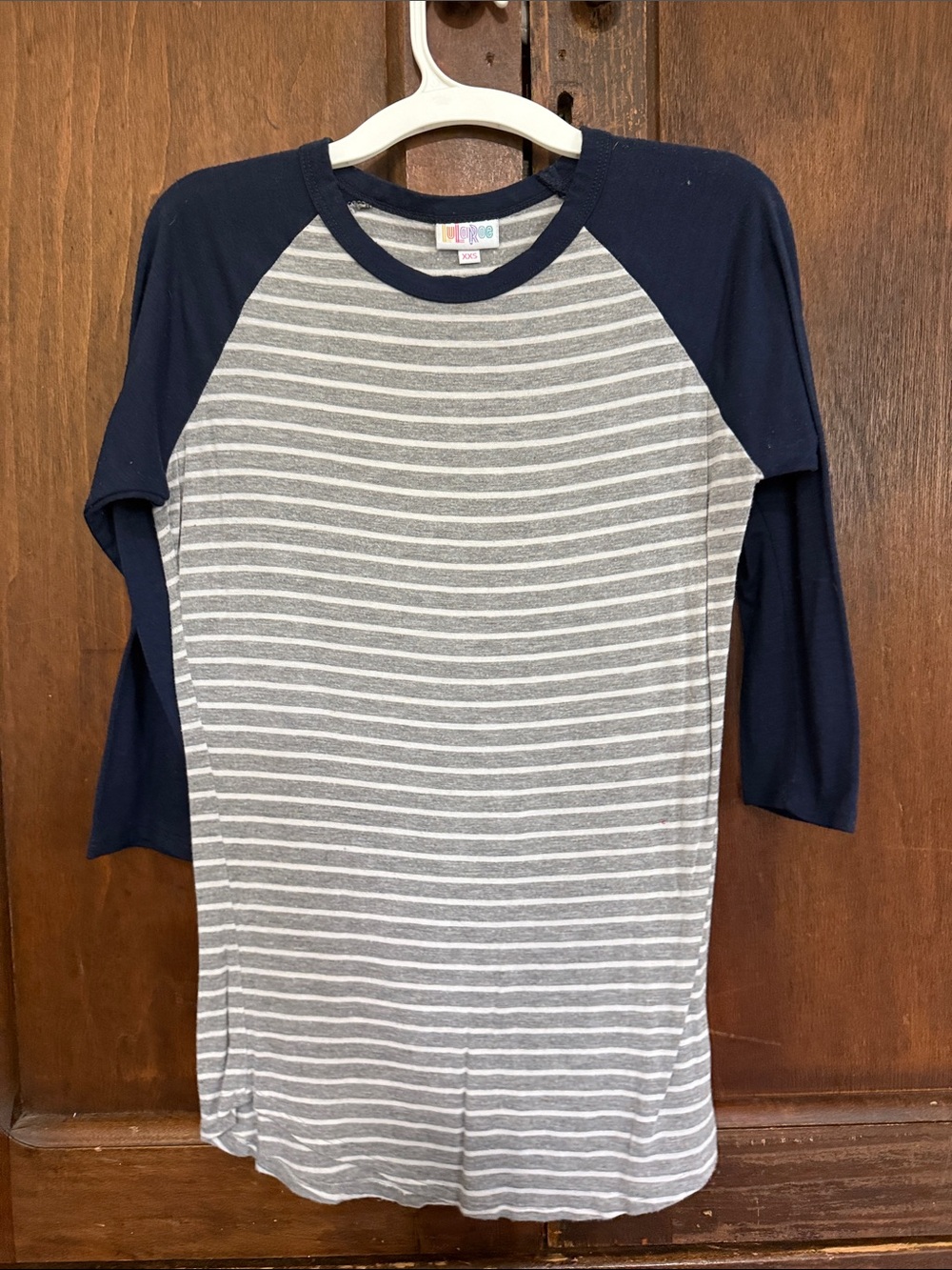LuLaRoe Navy and Gray Striped Baseball Tee